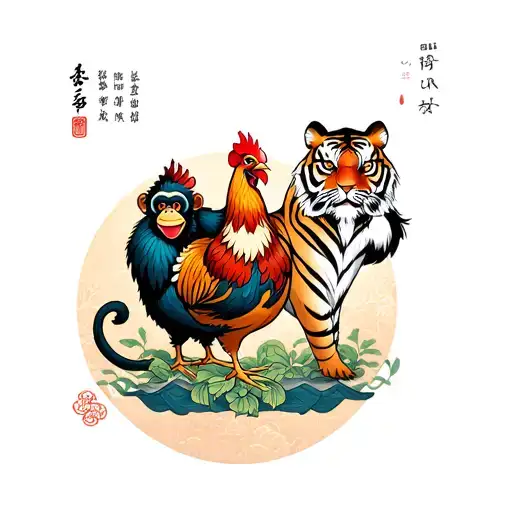 monkey and tiger and chicken in a Asian background tattoo design idea