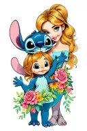 A whimsical design featuring a mother-daughter duo with Disney's Stitch incorporated, symbolizing the bond between family members tattoo design idea