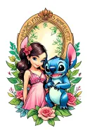 A whimsical design featuring a mother-daughter duo with Disney's Stitch incorporated, symbolizing the bond between family members tattoo design idea