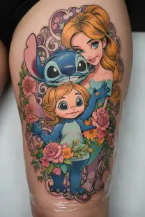 A whimsical design featuring a mother-daughter duo with Disney's Stitch incorporated, symbolizing the bond between family members tattoo design idea