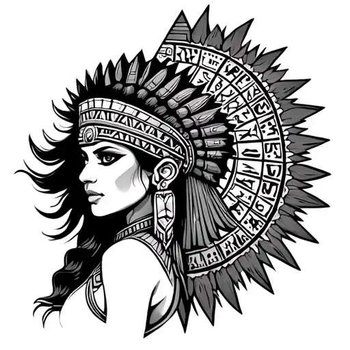 old school Aztec Princess warrior  with pyramid background and Aztec calendar  tattoo design idea