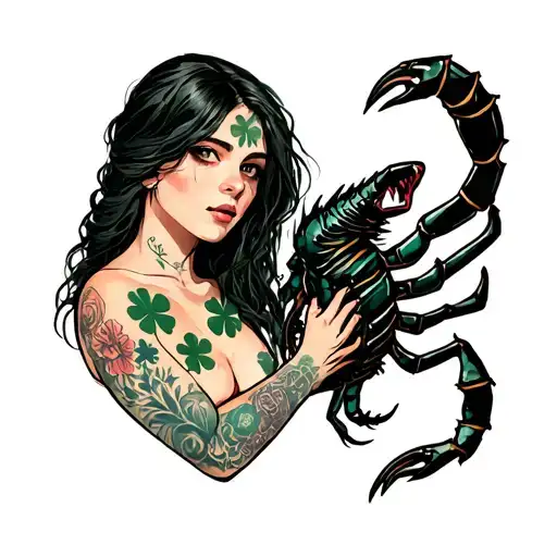 The girl stands sideways sideways, she has a clover tattoo from the collarbone to her neck, Scorpio bites her leg tattoo design idea