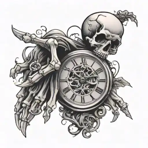 skeleton finger with clock face tattoo design idea
