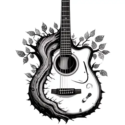 Guitar formed into a tree trunk at the fret board with film strips as leaves tattoo design idea