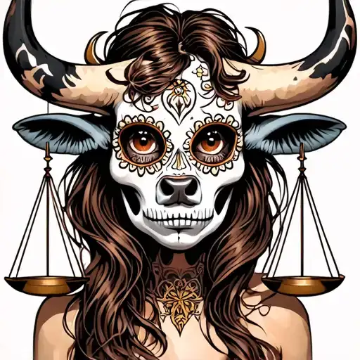 woman bull with sugar skull markings, brown eyes, brown hair and two Libra scales.  tattoo design idea