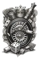Casino roulette, crown, cigarette, dice, alcohol glass, poker cards tattoo design idea
