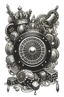 Casino roulette, crown, cigarette, dice, alcohol glass, poker cards tattoo design idea