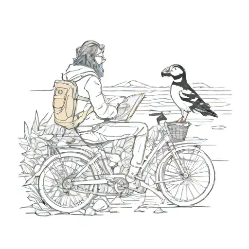 A sketch style tattoo of a scientist studying puffins in their natural habitat, with a bike parked nearby and their dogs and cats exploring tattoo design idea