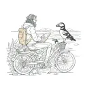 A sketch style tattoo of a scientist studying puffins in their natural habitat, with a bike parked nearby and their dogs and cats exploring tattoo design idea