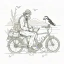 A sketch style tattoo of a scientist studying puffins in their natural habitat, with a bike parked nearby and their dogs and cats exploring tattoo design idea