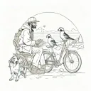 A sketch style tattoo of a scientist studying puffins in their natural habitat, with a bike parked nearby and their dogs and cats exploring tattoo design idea
