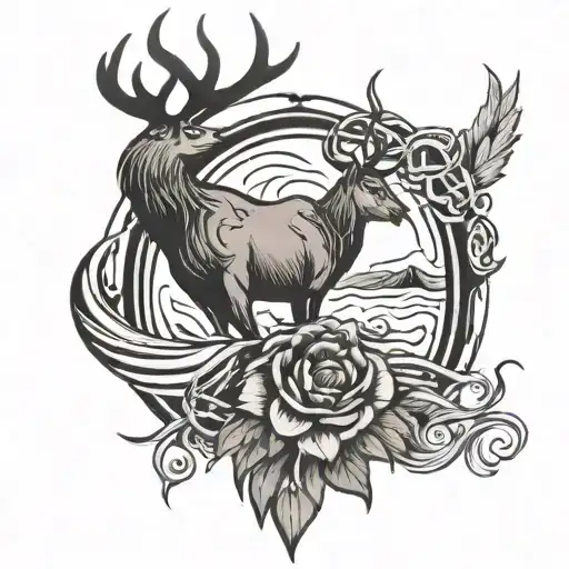 musculare celtic deer, little black crows flying, one feather floating, one lotus flower and waves tattoo design idea