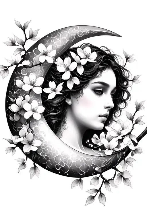 crescent moon with woman's face wrapped in cherry blossoms  tattoo design idea