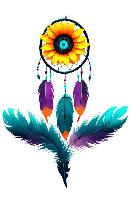 dreamcatcher made of a realistic sunflower with teal center and ombre teal purple and orange skinny fluffy feathers comi tattoo design idea