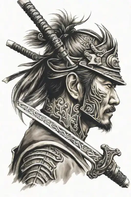 close up profile samurai sword tattoo design idea