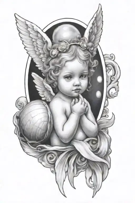 A baby angel with two horns above her head ,holding a diamond a shell which has a pearl in it  tattoo design idea