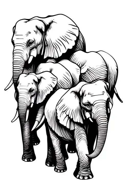 family of 4 elephants walking along tattoo design idea