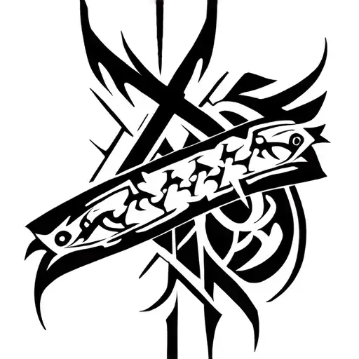 Cybersigil-style tattoo wrapping around the elbow, featuring a prominent sharp cybernetic cross above the joint. tattoo design idea