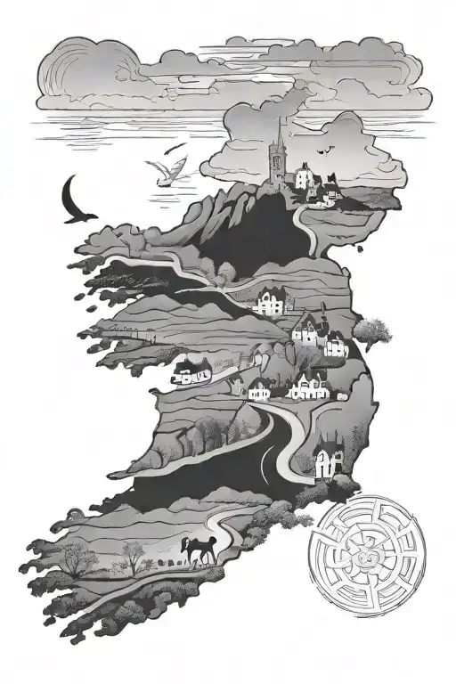 A scenic drive through the landscapes of Ireland and Oman combined in a surreal way tattoo design idea