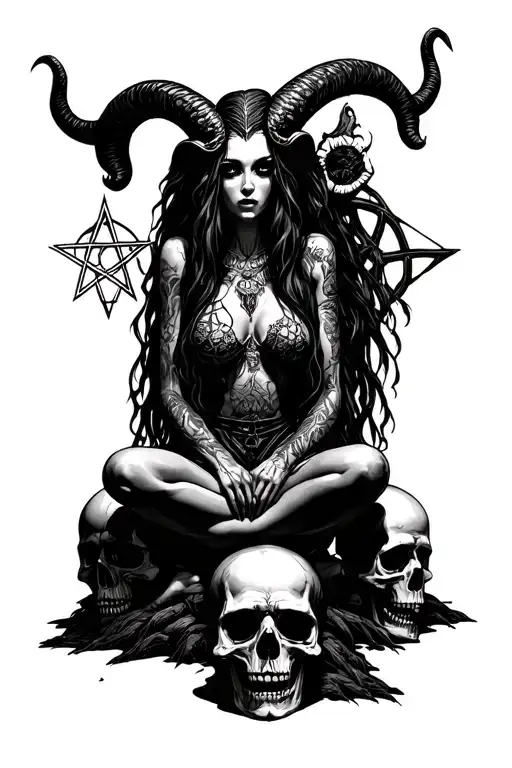 Baphomet woman siting on a pile of skulls, it must be a pentagram and a voodoo simbol too.  tattoo design idea