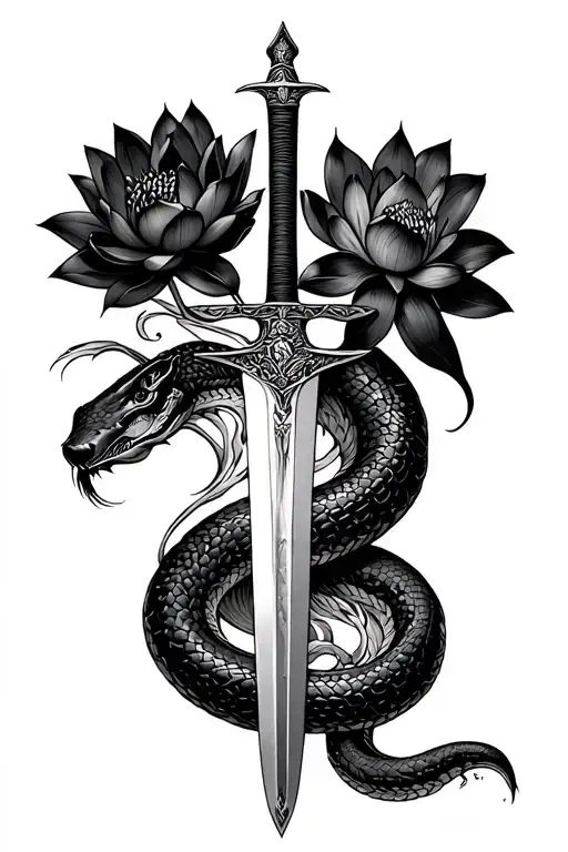 a sword going down with an anaconda around it and a black lotus flower in it tattoo design idea