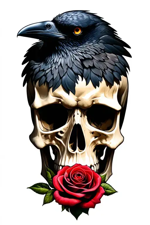Realistic color tattoo design of a skull with a dark raven and a deep red rose, highly detailed shading, vivid highlight tattoo design idea
