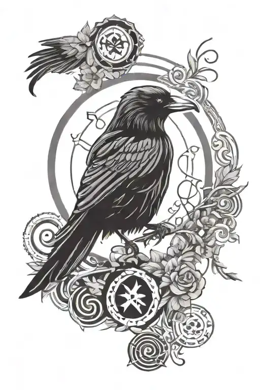 Design a Nordic-style tattoo with a raven above the Gemini sign, surrounded by Nordic runes. Incorporate nature elements tattoo design idea