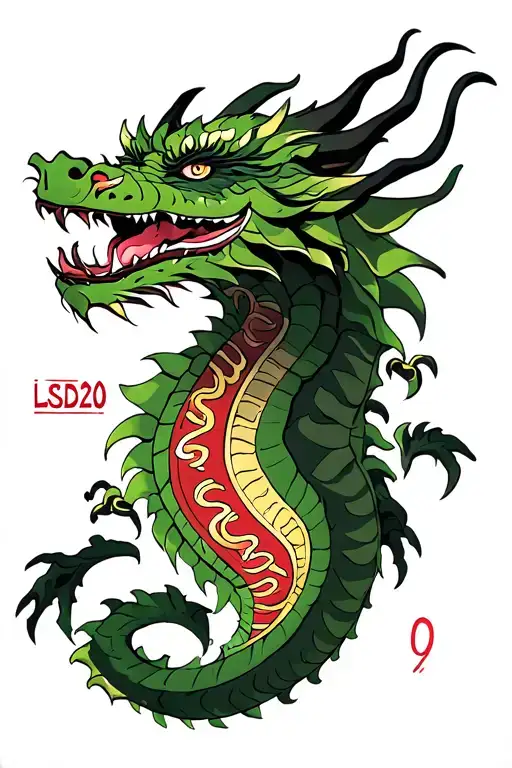 Tiamat's green dragon head with the letters "LSD20" tattoo design idea