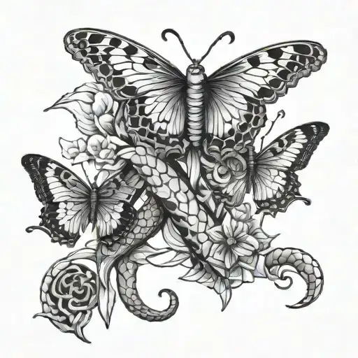 fiery snake and butterfly  tattoo design idea