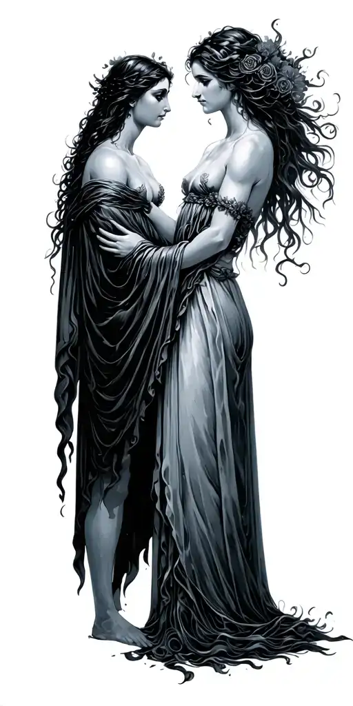 hades and persephone reaching towards each other tattoo design idea