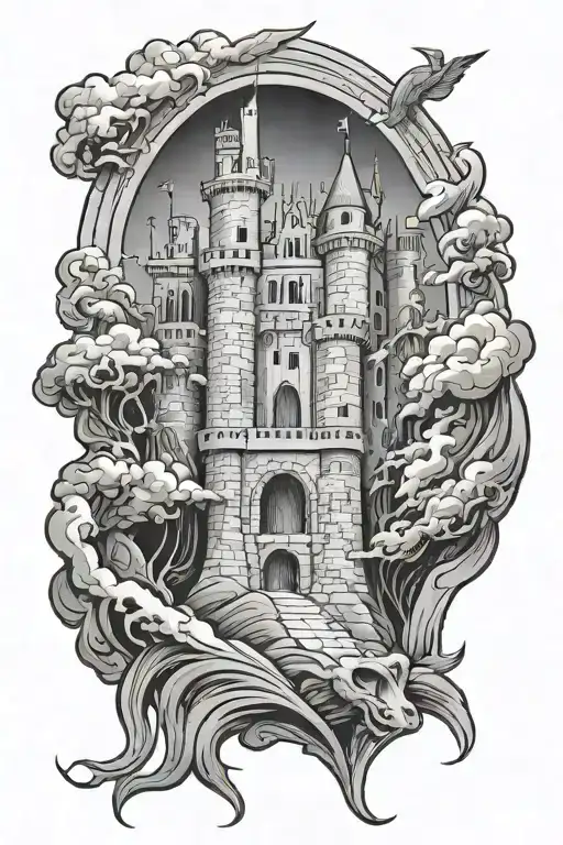 medieval castle under attack tattoo design idea