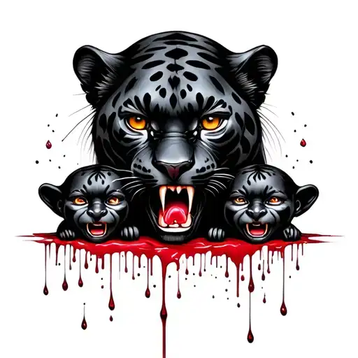 hurted black panter, heart on teeth dripping blood, protecting two babies  tattoo design idea