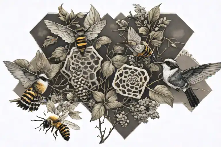 nature scene with birds, bees and honeycombs forearm tattoo tattoo design idea