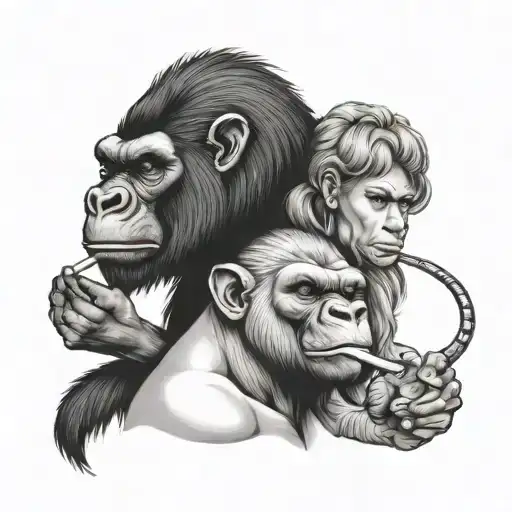 female Lion and gorilla smoking tattoo design idea