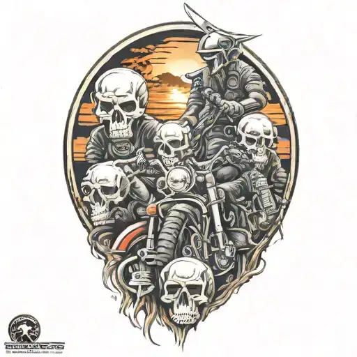 Very realistic,bikers,sunset, fire, skulls tattoo design idea