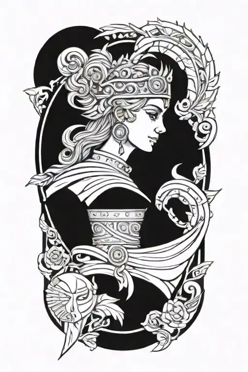 A modern interpretation of the Greek goddess Athena as a team leader, incorporating elements of technology and leadership symbols tattoo design idea