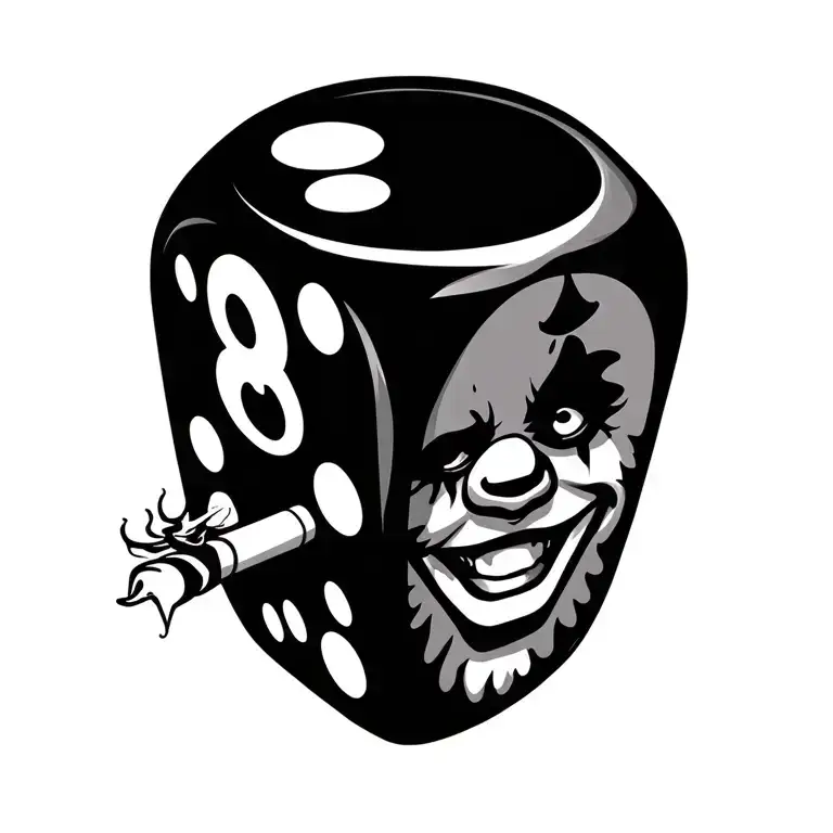 a cartoony dice with clown face smoking a joint tattoo design idea