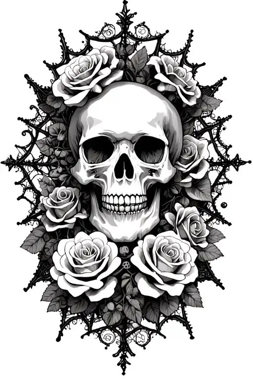 skull surrounded with roses and interlocking lace pieces resembling spiderwebs tattoo design idea