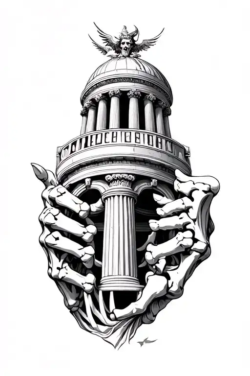 Skeletal handForearm: SisyphusArm: A Greek-style building with the god of destruction playing a significant role in th tattoo design idea