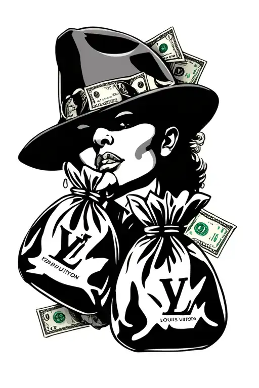 chicano style with cash and money bags and louis vuitton logos tattoo design idea