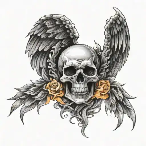 skull angel wings in fire  tattoo design idea