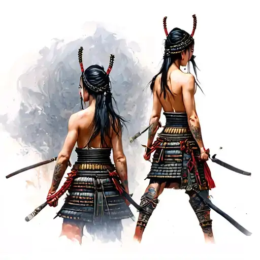 female samurai standing facing away with bare back tattoo design idea