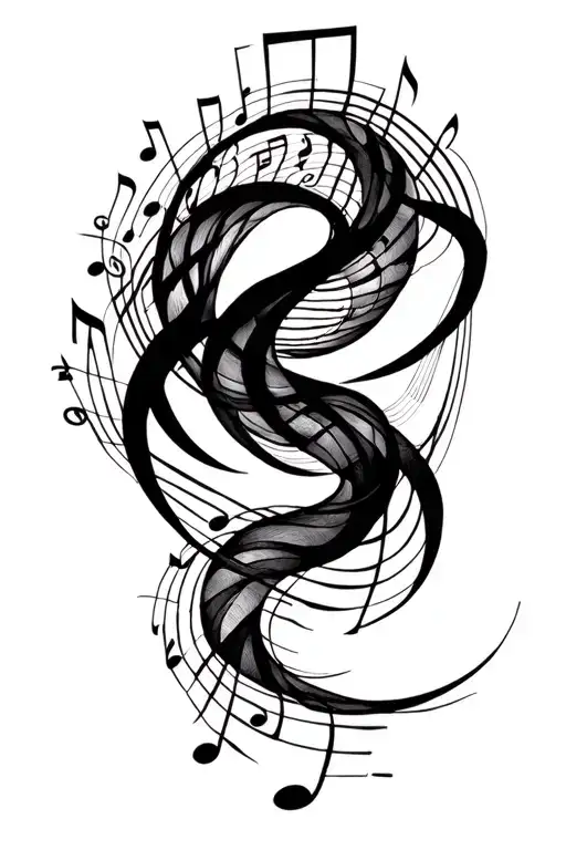 spiral wavey geometric with music notes intertwined tattoo design idea