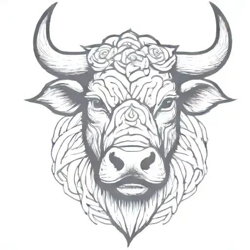 bull head with roses tattoo design idea