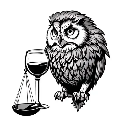 lion, justice scale balanced, owl perched, glass of wine tattoo design idea