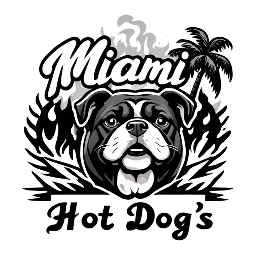 "Miami Hot Dogs" cartoon  mastiffi dog face and fire and palm tree tattoo design idea
