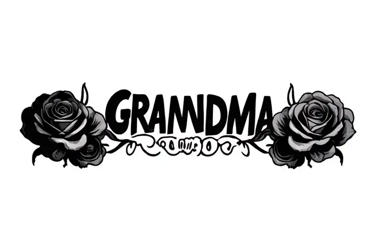 the word "Grandma" integrated into a bug skull and rose  tattoo design idea