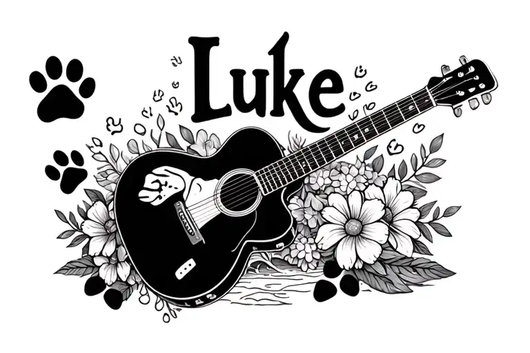 "Luke" "Luke" "Luke" aquarius with guitar and paw prints and flowers and beach tattoo design idea