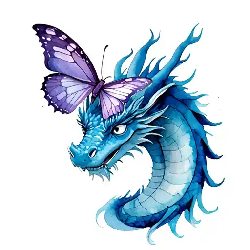 Blue dragon with purple butterfly on nose tattoo design idea