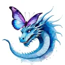 Blue dragon with purple butterfly on nose tattoo design idea